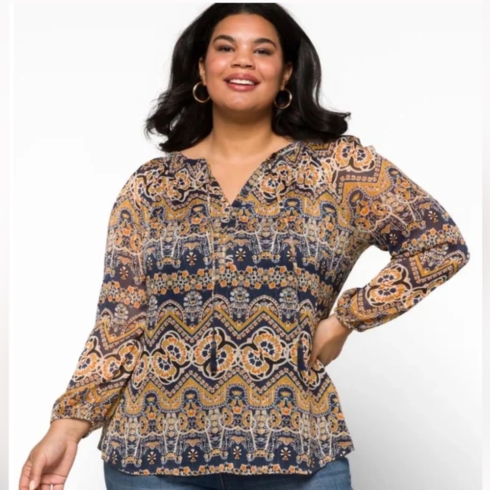 Daniel Rainn Women’s Plus Size Multicolor Shimmer Boho Tassel Tie Blouse 1X